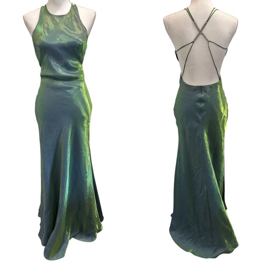VTG Y2K Faviana Iridescent Green Purple Open Back Rhinestone Strap Gown XS Prom